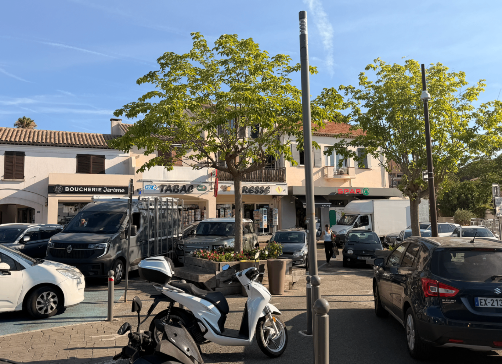 La Croix-Valmer village square with butcher, tabac and Spar market