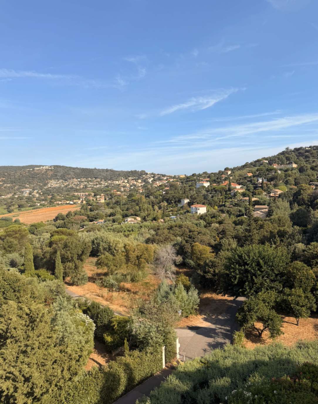 Wide valley panorama over vineyards, villas and wooded hills